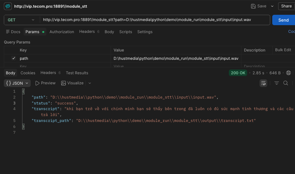 Speech to text module endpoint verification